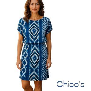 Chico’s Blue White Tie Dye Blouson Dress NWOT Size 8 Coastal Grandma